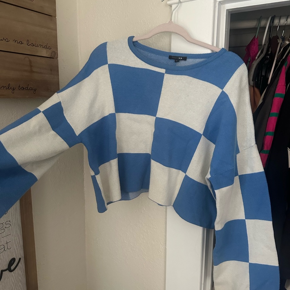 Blue and White Checkered Women's Sweater
